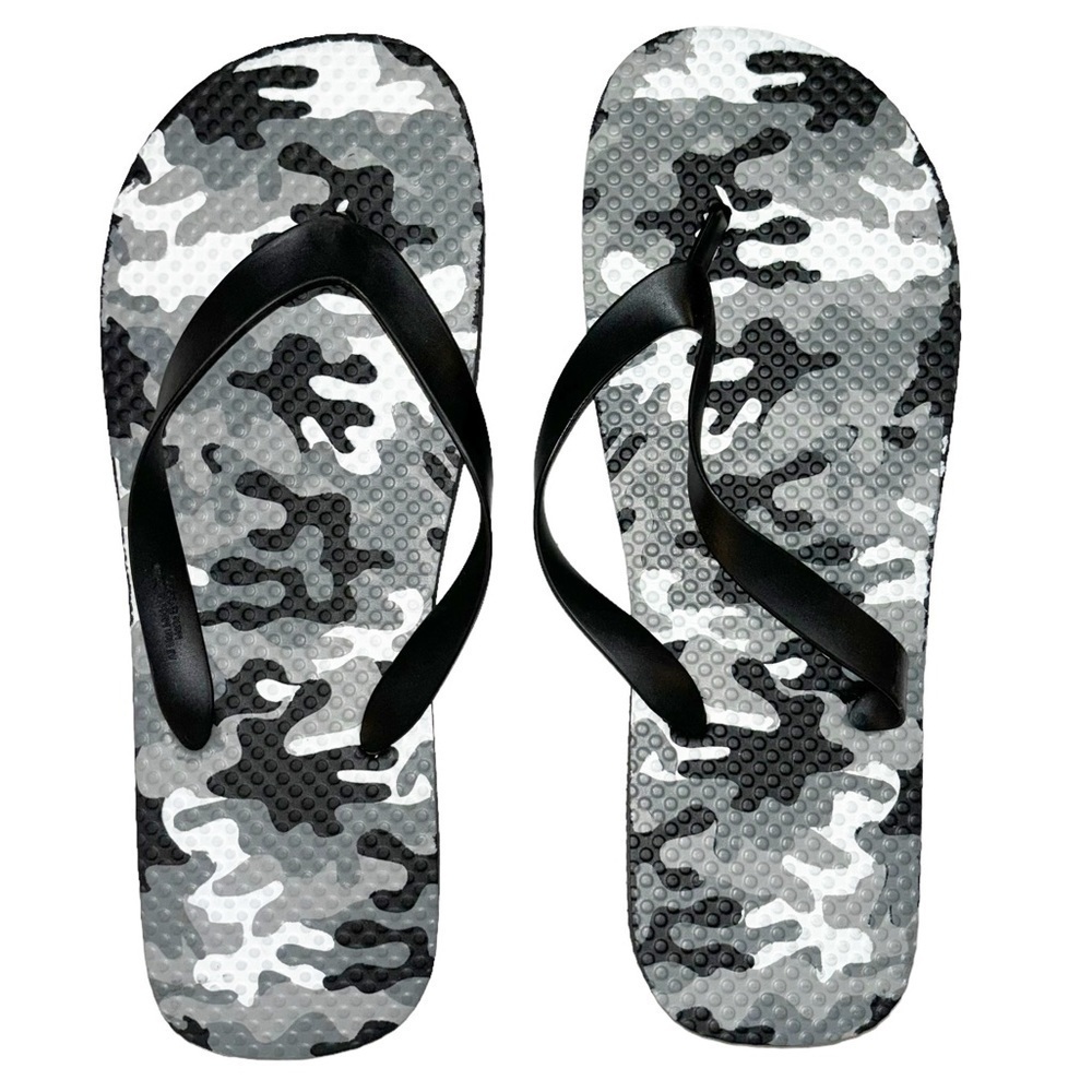 Black white and gray camouflage flip flops
